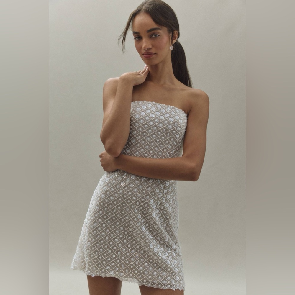 Watters Strapless White Diamond Pattern Dress
